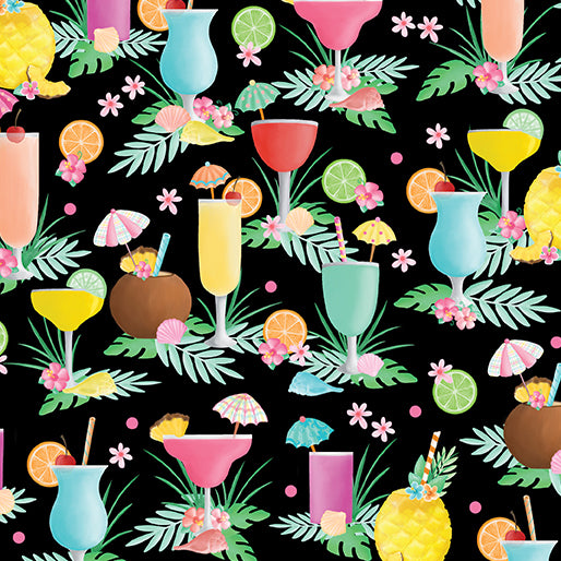Flamingal Pals Quilt Fabric - Tropical Drinks in Black - 14299-12