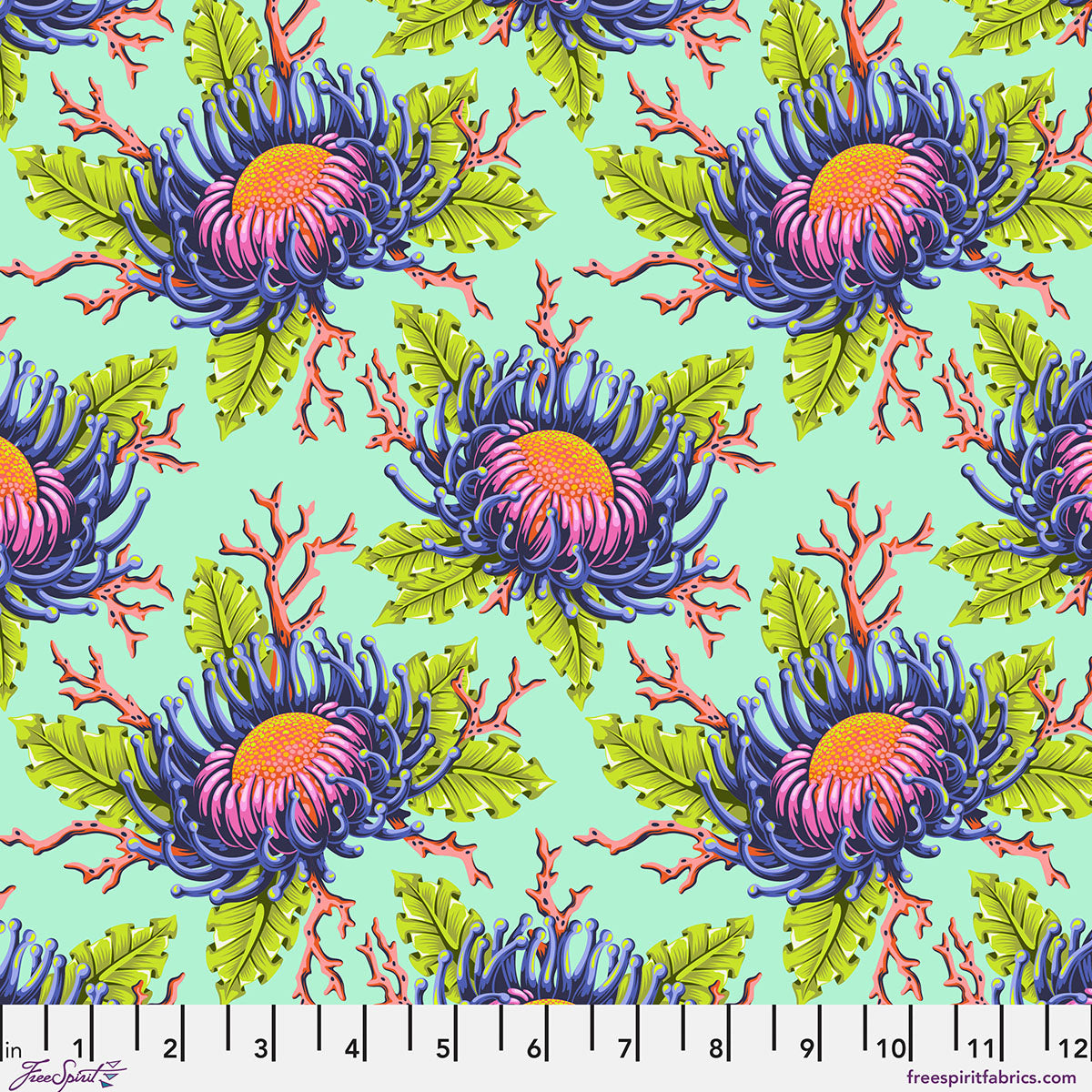Floral Reef Quilt Fabric by Tula Pink - Friends and Anemones in Seafoam Aqua - PWTP265.SEAFOAM