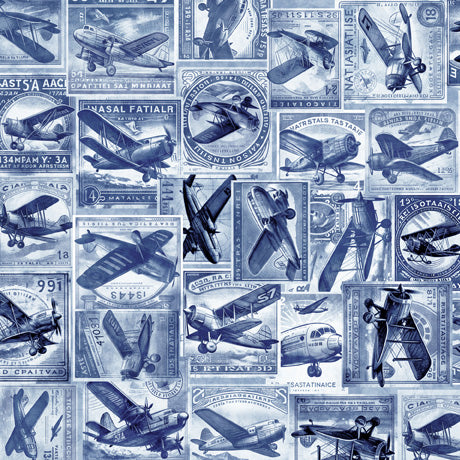 Flying High Quilt Fabric - Airplane Collage in Denim Blue - 2600 30051 W