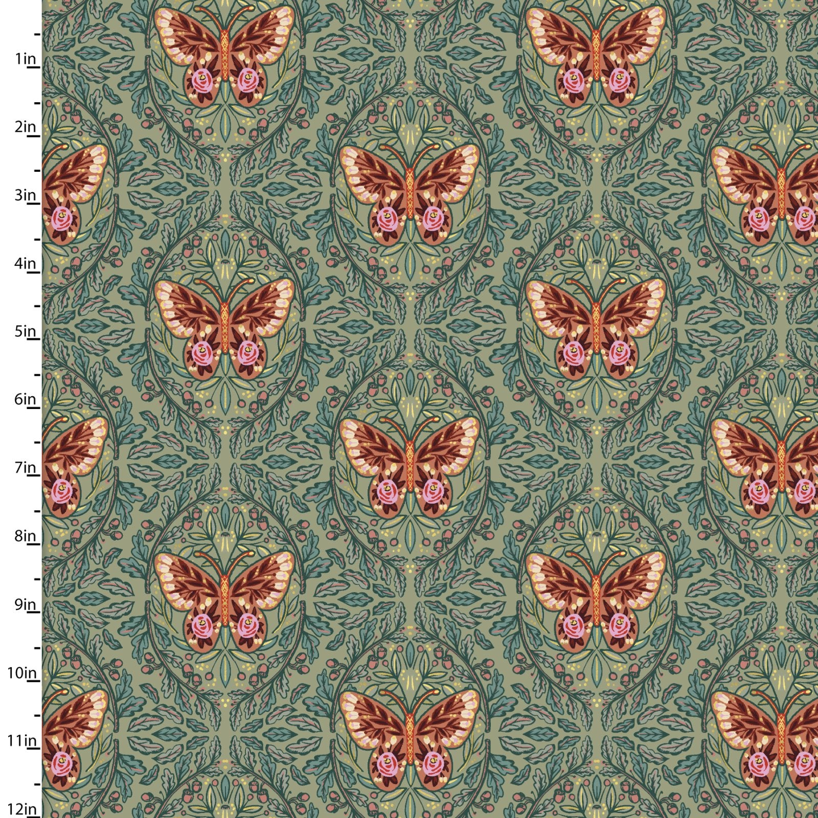 Folk Flora Quilt Fabric - Mirrored Butterfly in Green - 20827-GRN-CTN-D