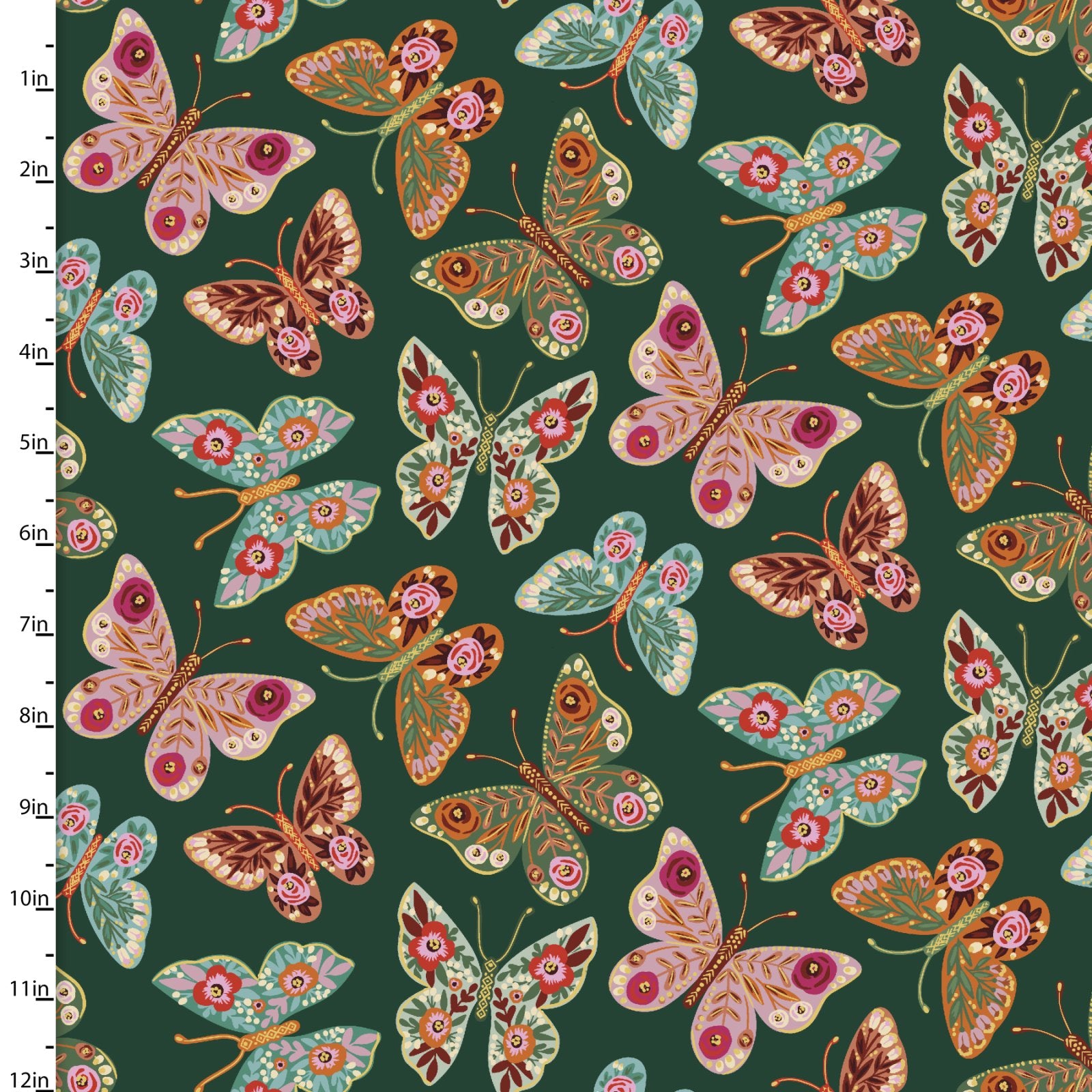Folk Flora Quilt Fabric - Tossed Butterflies in Green - 20829-GRN-CTN-D