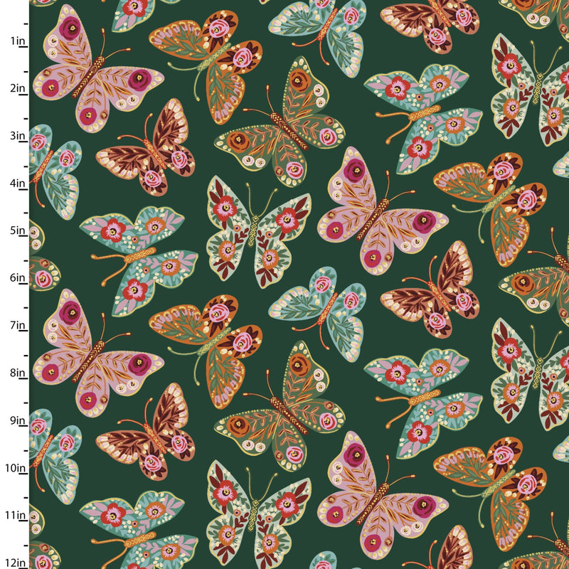 Folk Flora Quilt Fabric - Tossed Butterflies in Green - 20829-GRN-CTN-D