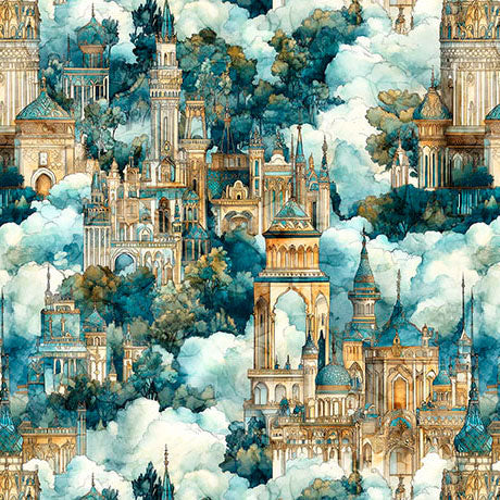 Folklore Quilt Fabric - Castles in Clouds in Light Brown/Teal - 2600 31644 AQ
