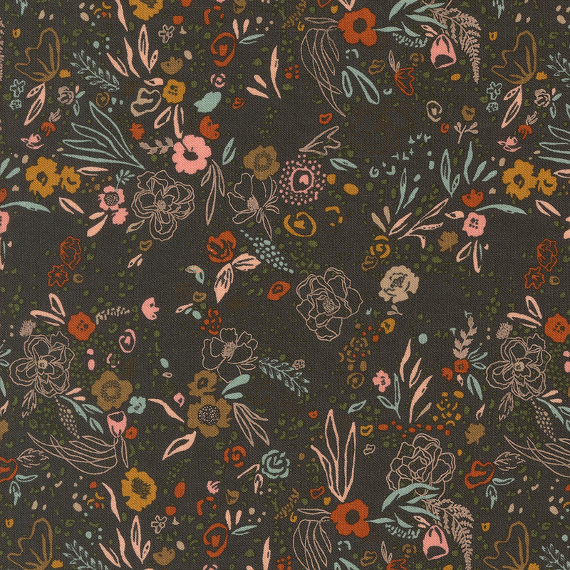 Foraged Found and Hand Me Down Quilt Fabric - Field of Fancy in Iron Black/Multi - 45636 36