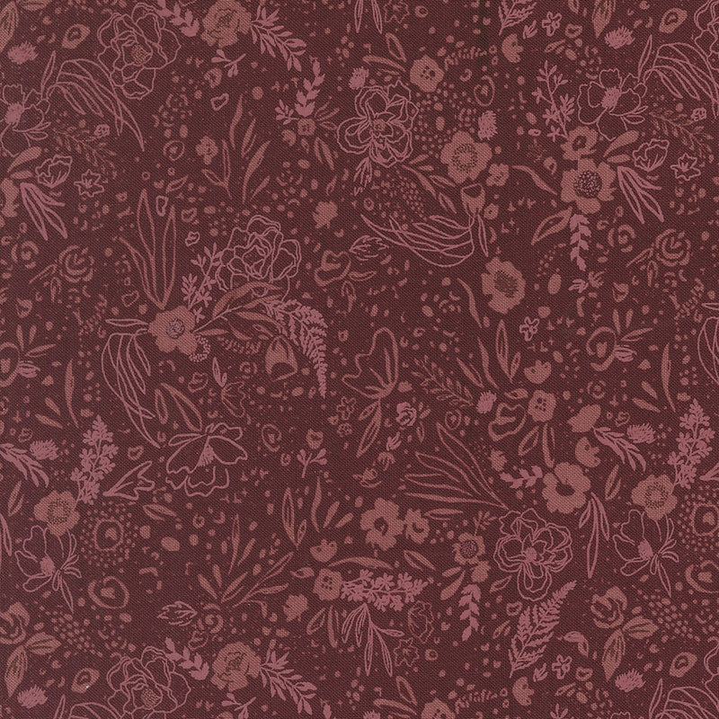 Foraged Found and Hand Me Down Quilt Fabric - Field of Fancy in Merlot Burgundy - 45636 27