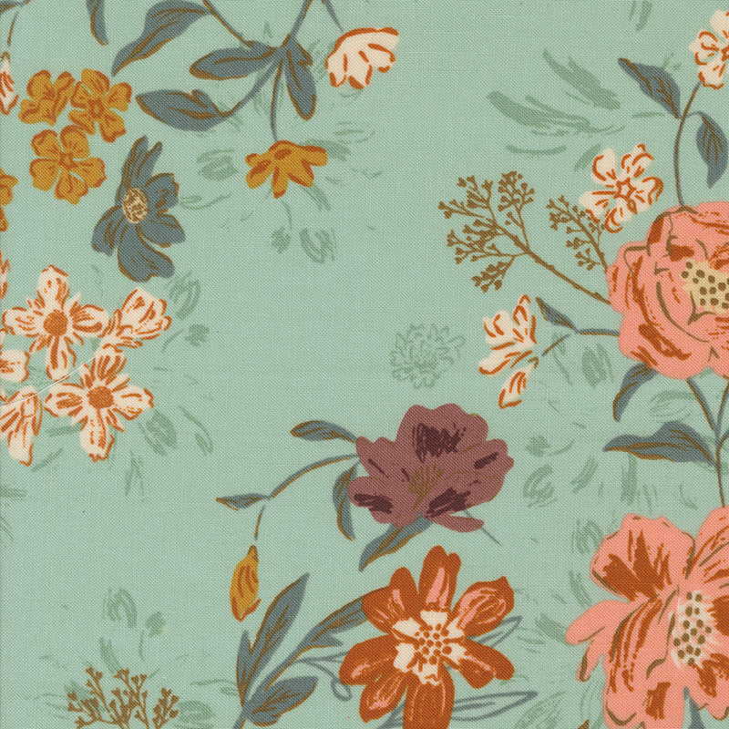 Foraged Found and Hand Me Down Quilt Fabric - Harvest Bloom in Mist Aqua - 45630 23