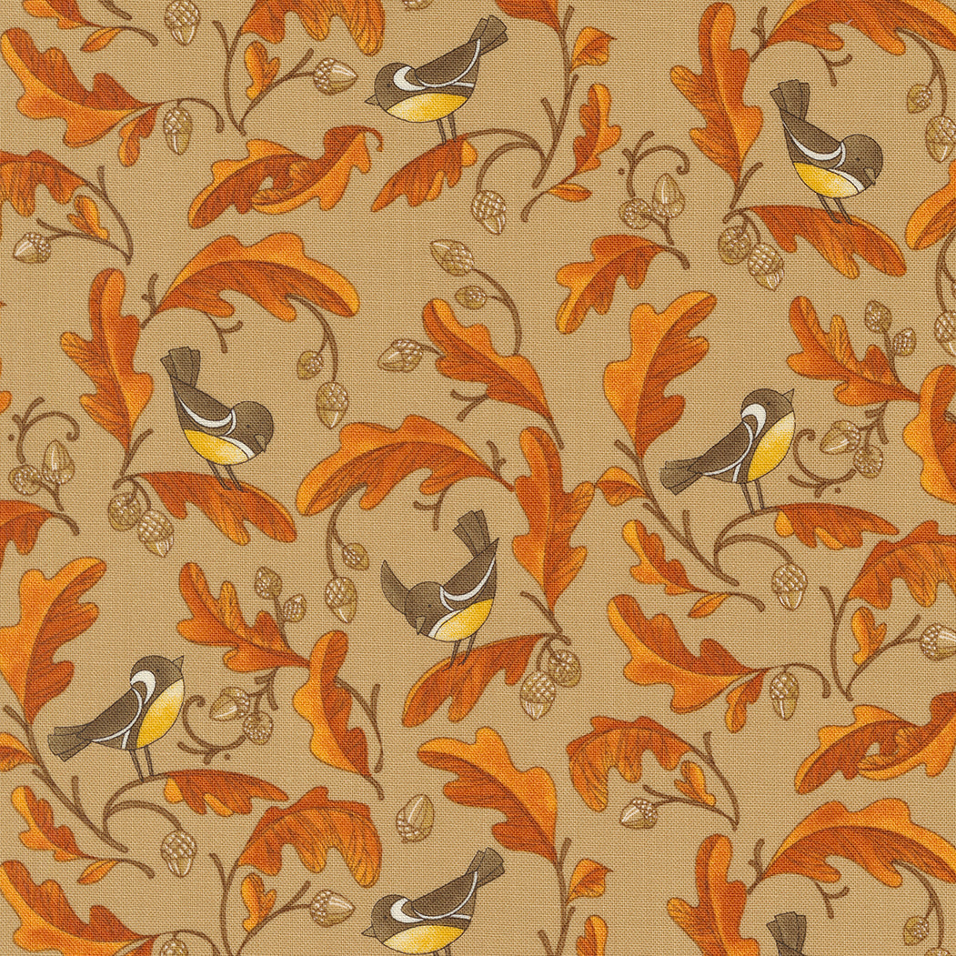 Forest Frolic Quilt Fabric - Chickadees and Acorns in Caramel Tan - 48742 14