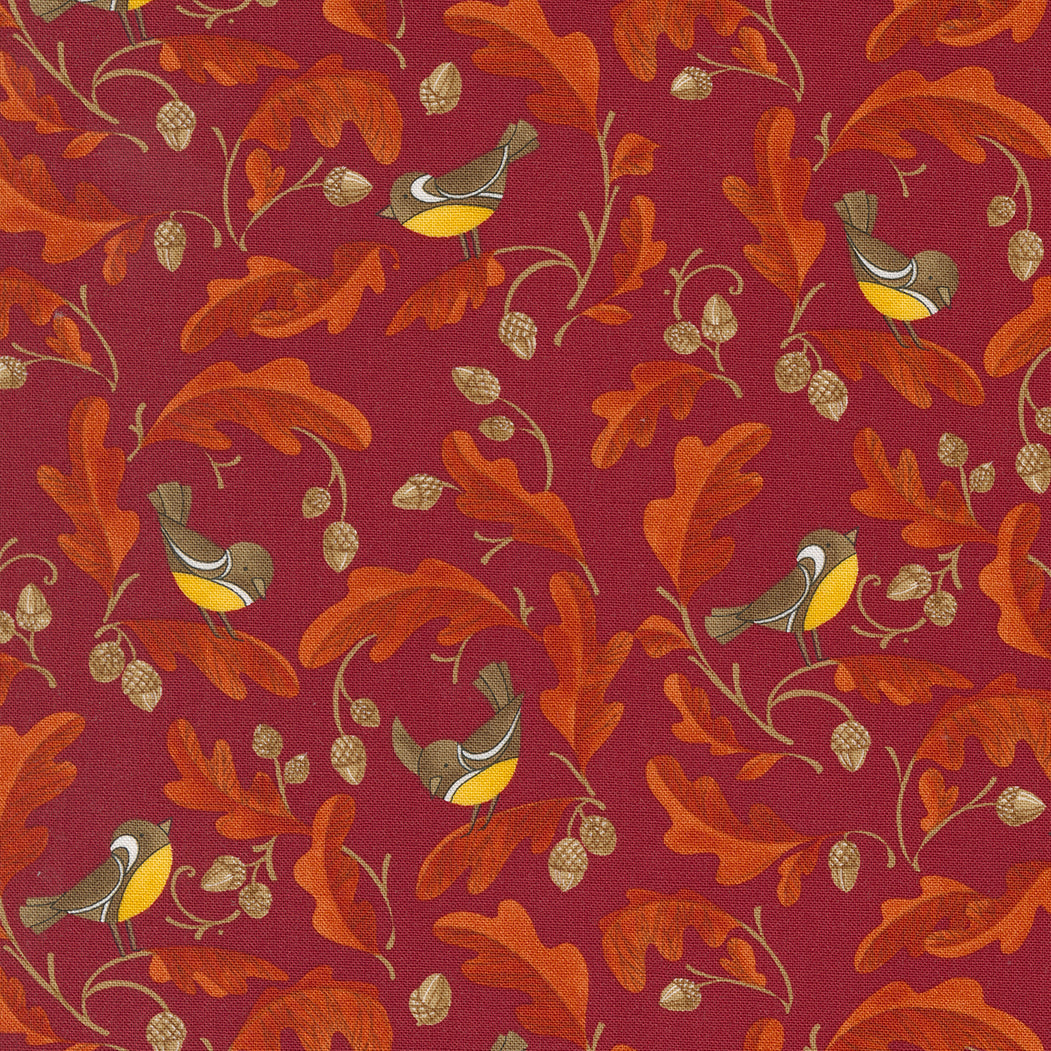 Forest Frolic Quilt Fabric - Chickadees and Acorns in Cinnamon Burgundy - 48742 16