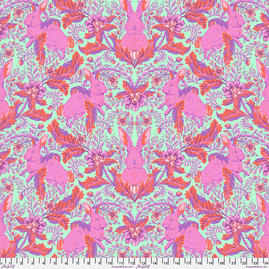 Full Moon Forest II Quilt Fabric by Tula Pink - Hoppy Go Lucky Bunny in Blossom Pink/Aqua - PWTP246.BLOSSOM