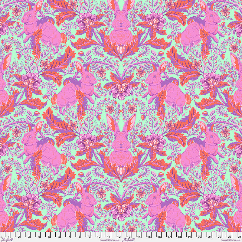 Full Moon Forest II Quilt Fabric by Tula Pink - Hoppy Go Lucky Bunny in Blossom Pink/Aqua - PWTP246.BLOSSOM