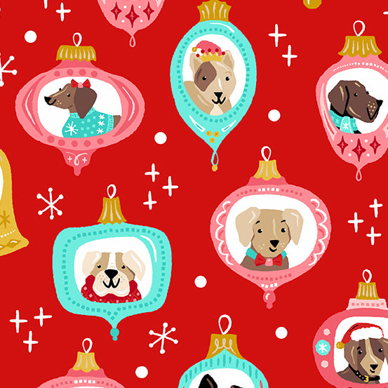 Furry and Bright Quilt Fabric - Dog Ornaments in Red - A-584-R