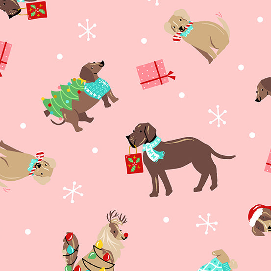 Furry and Bright Quilt Fabric - Holiday Dogs in Pink - A-585-E
