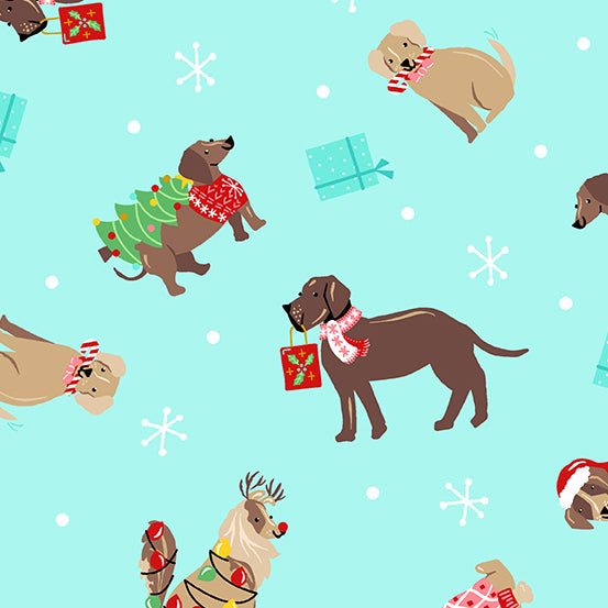 Furry and Bright Quilt Fabric - Holiday Dogs in Teal - A-585-T