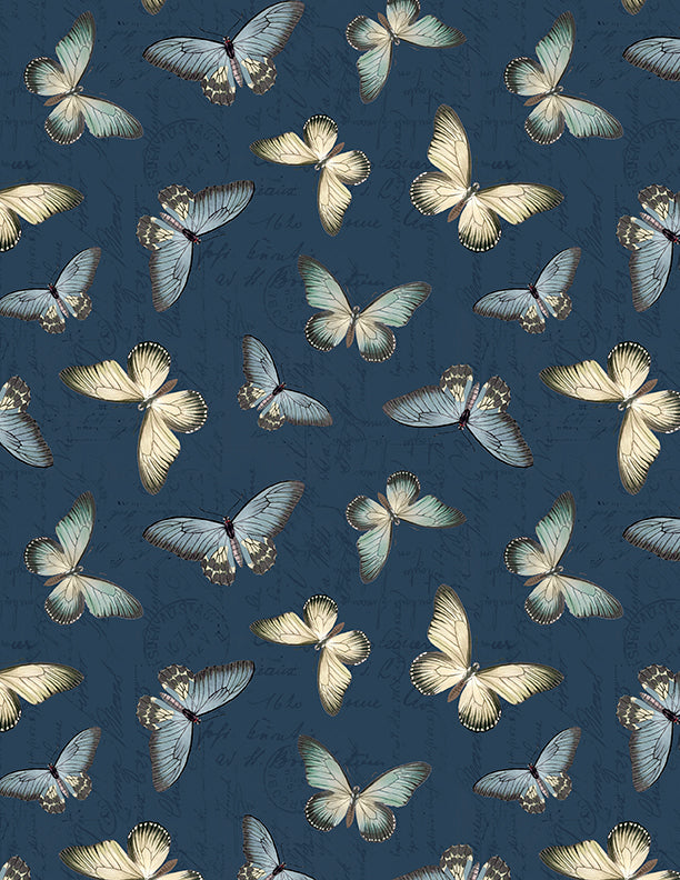 Garden Grace Quilt Fabric - Butterfly Toss in Navy Blue - 3027 16529 445