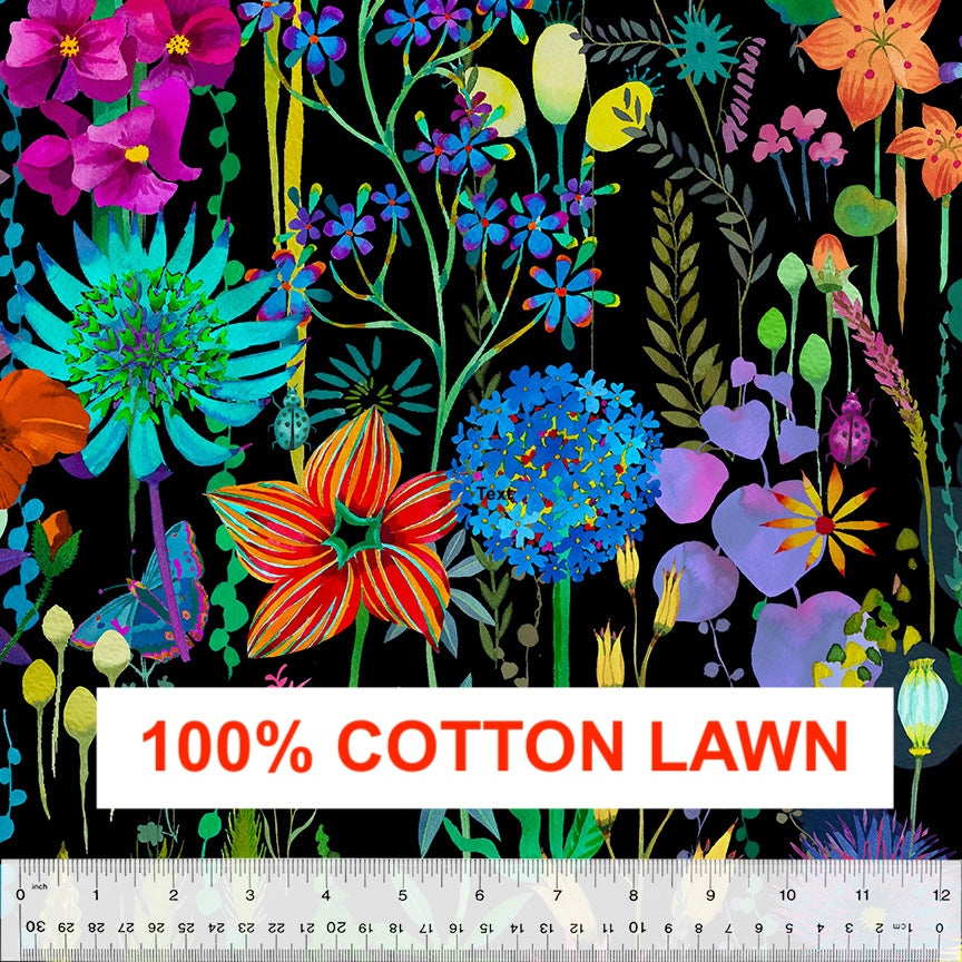 Gardenia Quilt Fabric - COTTON LAWN Flora in Black/Multi - 53803DL-1