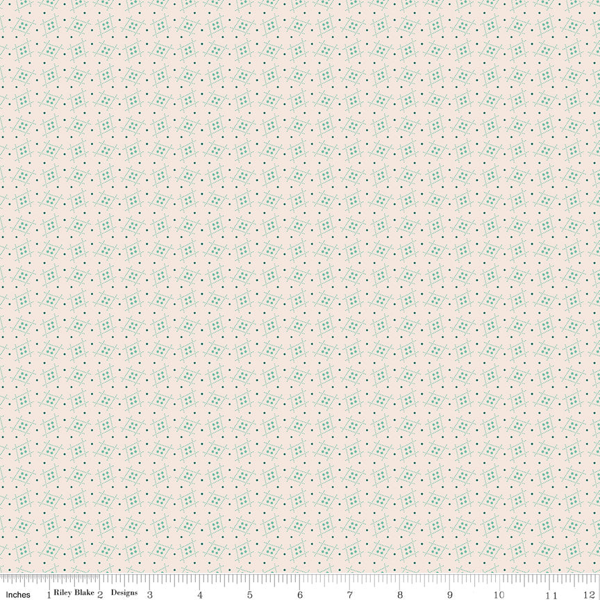 Gentler Times Quilt Fabric by Lori Holt - Welcome in Sea Glass Cream/Aqua - C16489-SEAGLASS