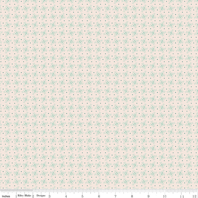 Gentler Times Quilt Fabric by Lori Holt - Welcome in Sea Glass Cream/Aqua - C16489-SEAGLASS