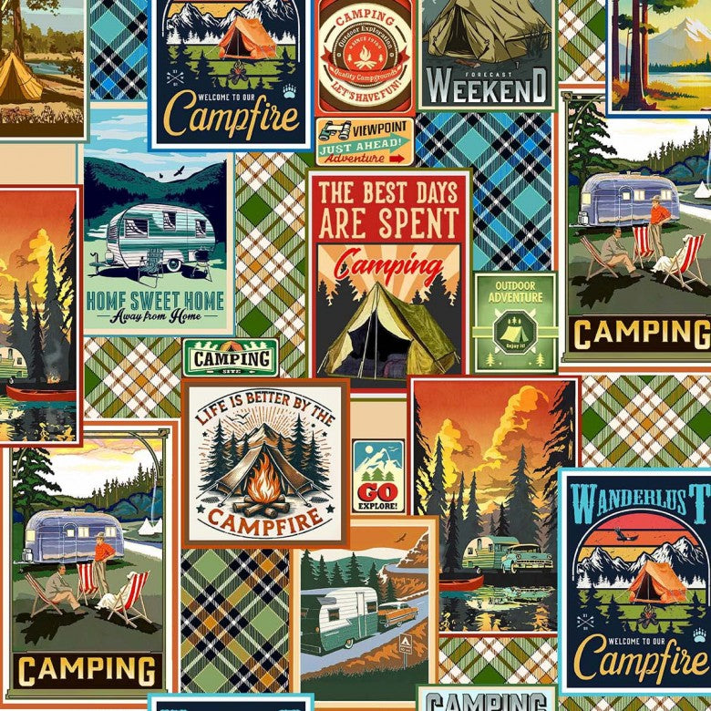 Girls Gone Camping Quilt Fabric - Camping Posters in Multi - DCX12755-MULT-D