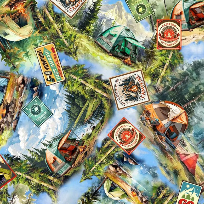 Girls Gone Camping Quilt Fabric - Great Destinations in Sky Blue - DCX12760-SKYX-D