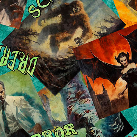 Gotta Have It Quilt Fabric - Classic Movie Monsters in Jade Aqua - 2600 31184 Q