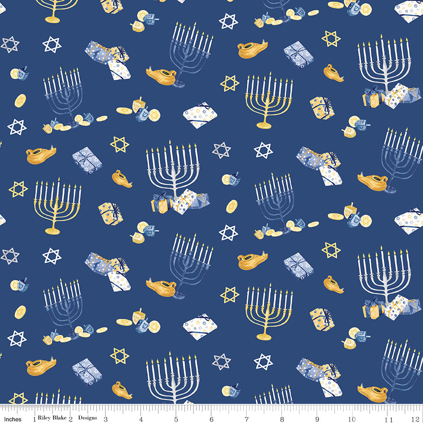 Hanukkah Nights Quilt Fabric - Main (Menorah, Dreidel, and Gifts) in Blue - C13430-BLUE