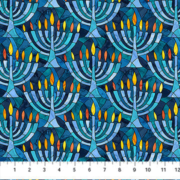 Hanukkah Lights Quilt Fabric - Menorahs in Blue/Multi - DP28981-46