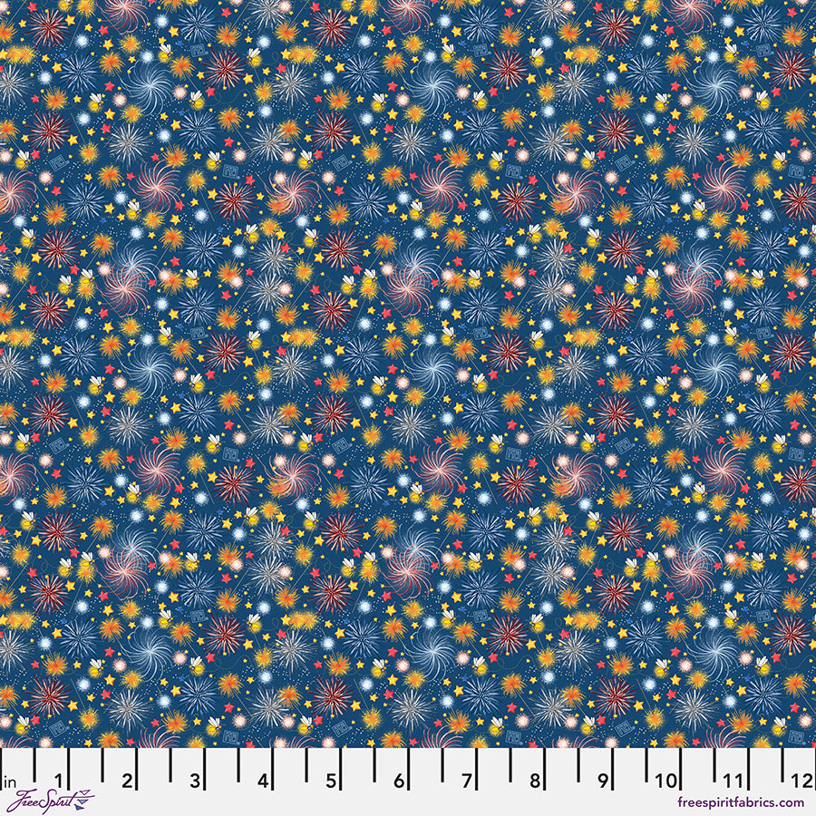 Happy Birthday America Quilt Fabric - America's Birthday Fireworks in Navy Blue - PWMY028.NAVY