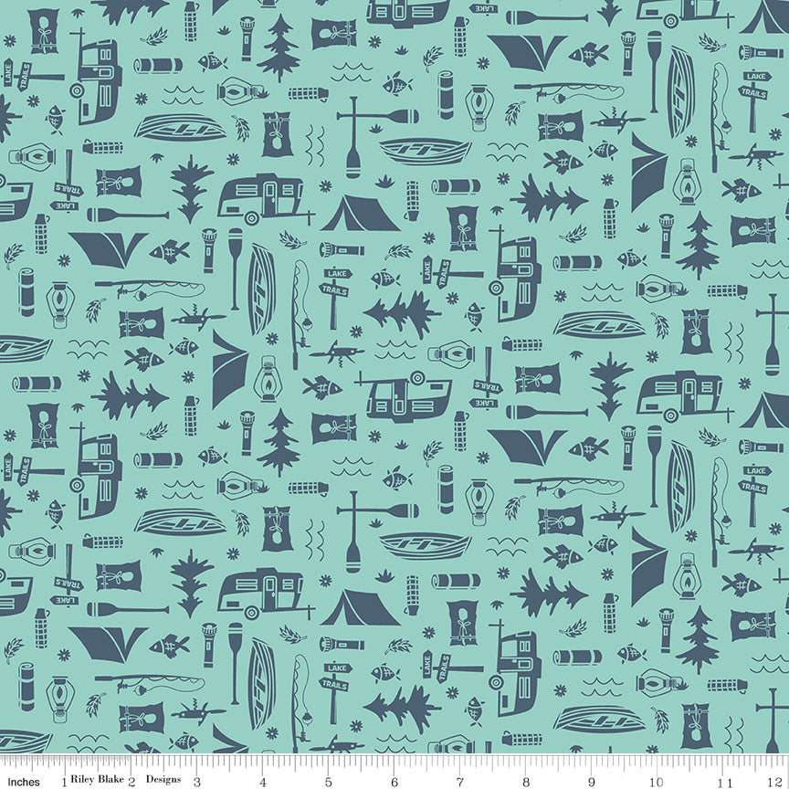 Happy Haven Quilt Fabric - Let's Camp in Aqua - C17622-AQUA