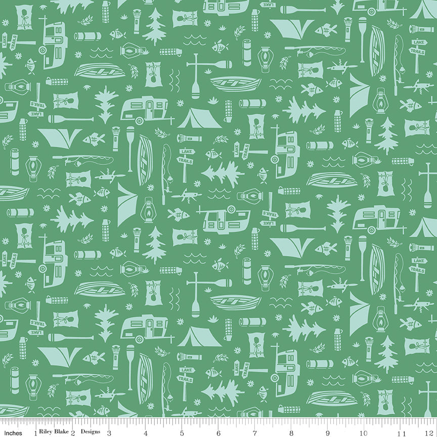 Happy Haven Quilt Fabric - Let's Camp in Green - C17622-GREEN