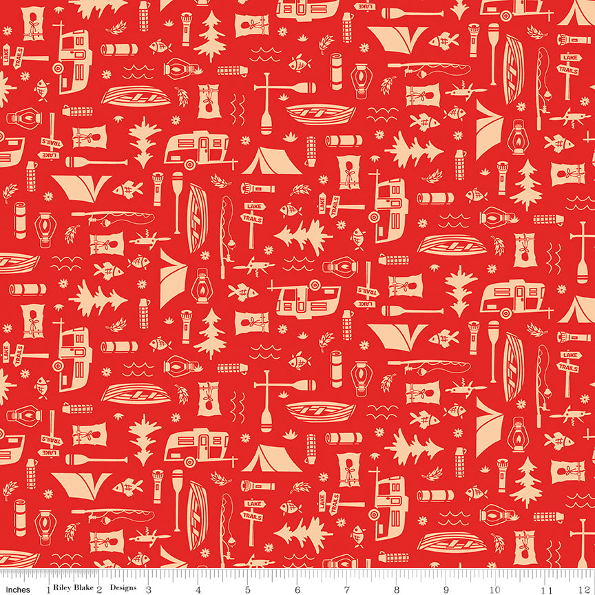 Happy Haven Quilt Fabric - Let's Camp in Red - C17622-RED