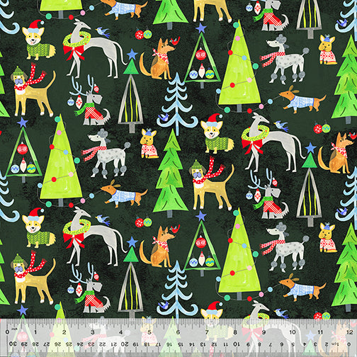 Happy Pawlidays Quilt Fabric - Christmas Canines in Soft Black - 53548-2