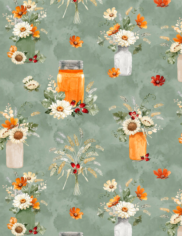 Harvest Blooms Quilt Fabric - All Over in Sage Green - 3028 30101 778
