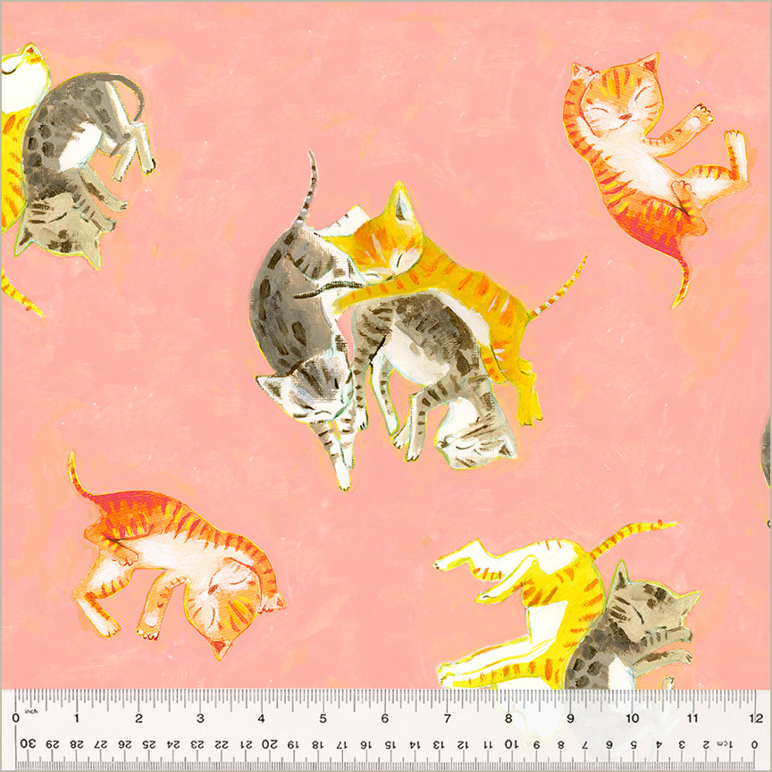 Heather Ross By Hand Quilt Fabric - Kittens in Salmon Pink - 54251D-3