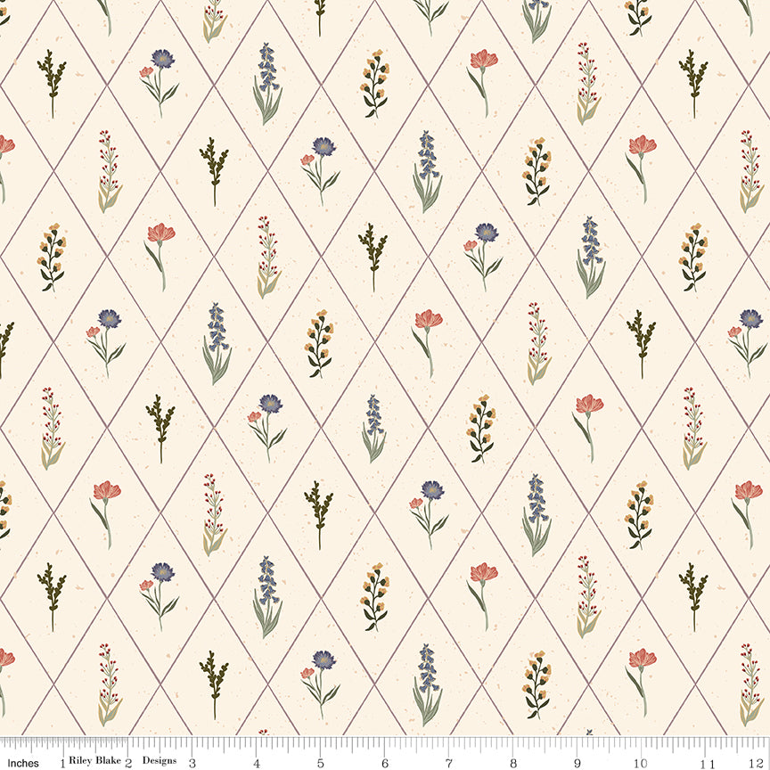 Hedgerow Haven Quilt Fabric - Floral Argyle in Cream - C18182-CREAM