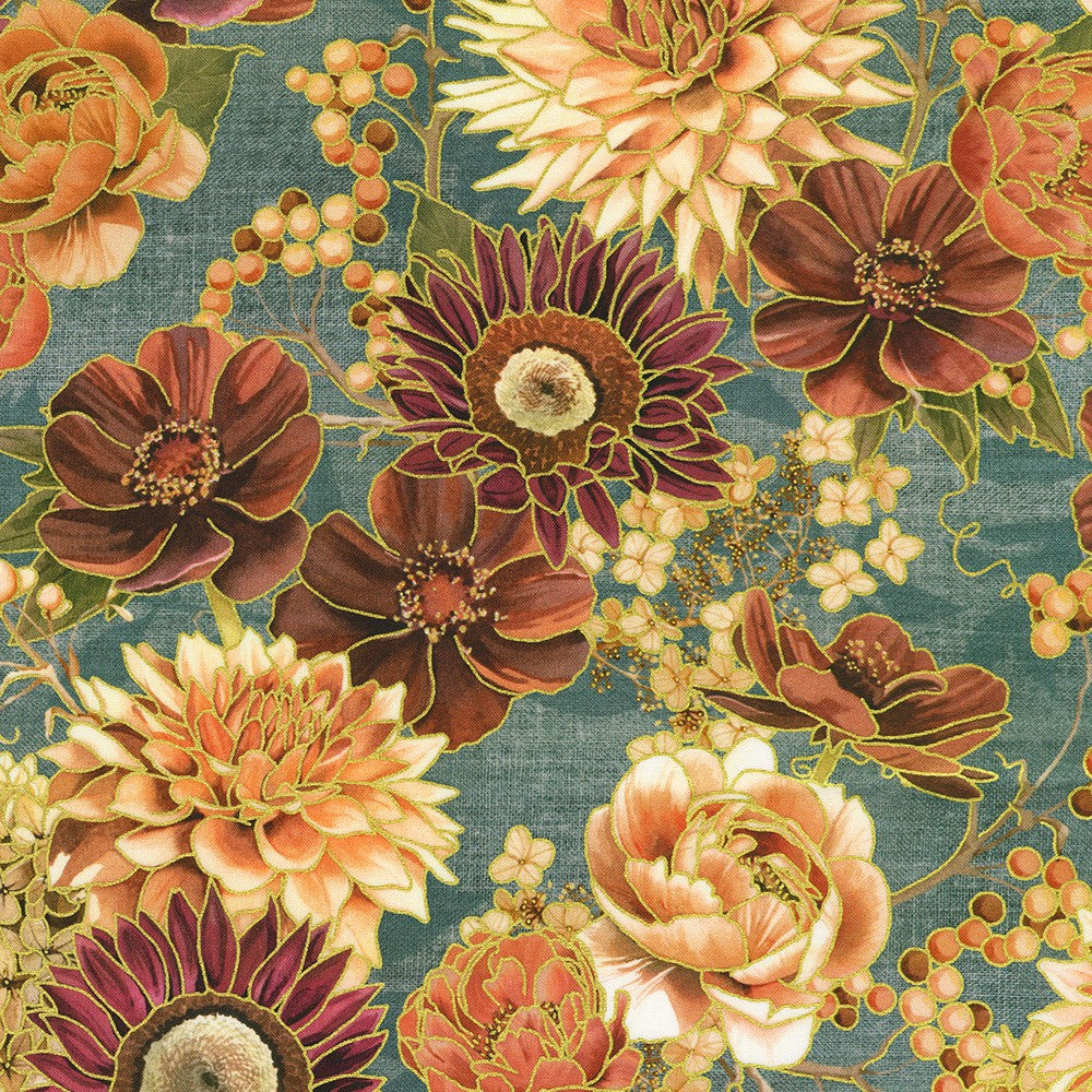 Hello Fall Quilt Fabric - Fall Floral in Dusty Blue - AWHDM-23917-68 DUSTY BLUE