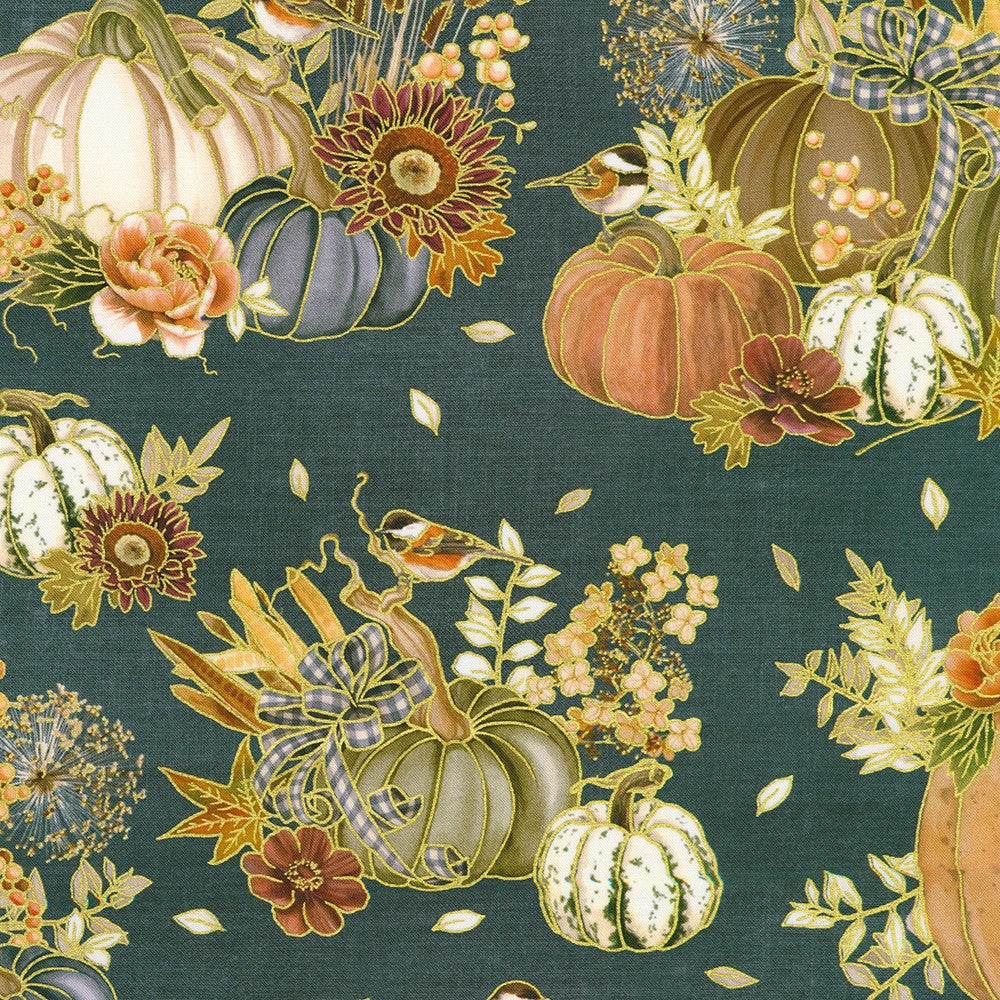 Hello Fall Quilt Fabric - Pumpkins in Denim Blue - AWHDM-23915-67 DENIM