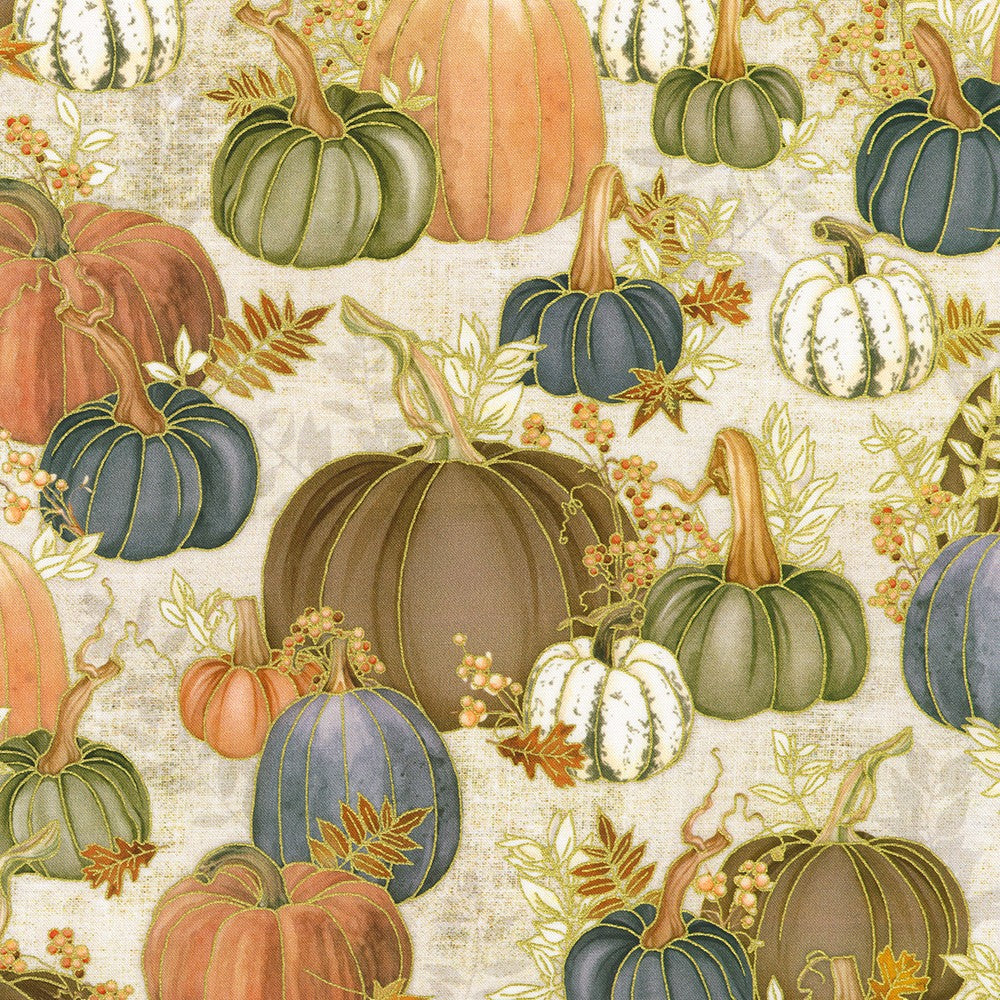 Hello Fall Quilt Fabric - Pumpkins in Linen Cream - AWHDM-23916-156 LINEN