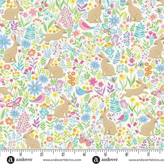 Hello Spring Quilt Fabric - Bunny Meadow in Cream/Multi - MU-083-Q