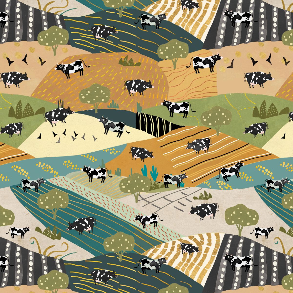 Highland Walk Quilt Fabric - Cow Pasture in Amber Gold/Multi - 4592-44
