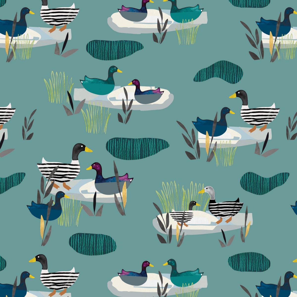 Highland Walk Quilt Fabric - Ducks in Teal - 4593-67