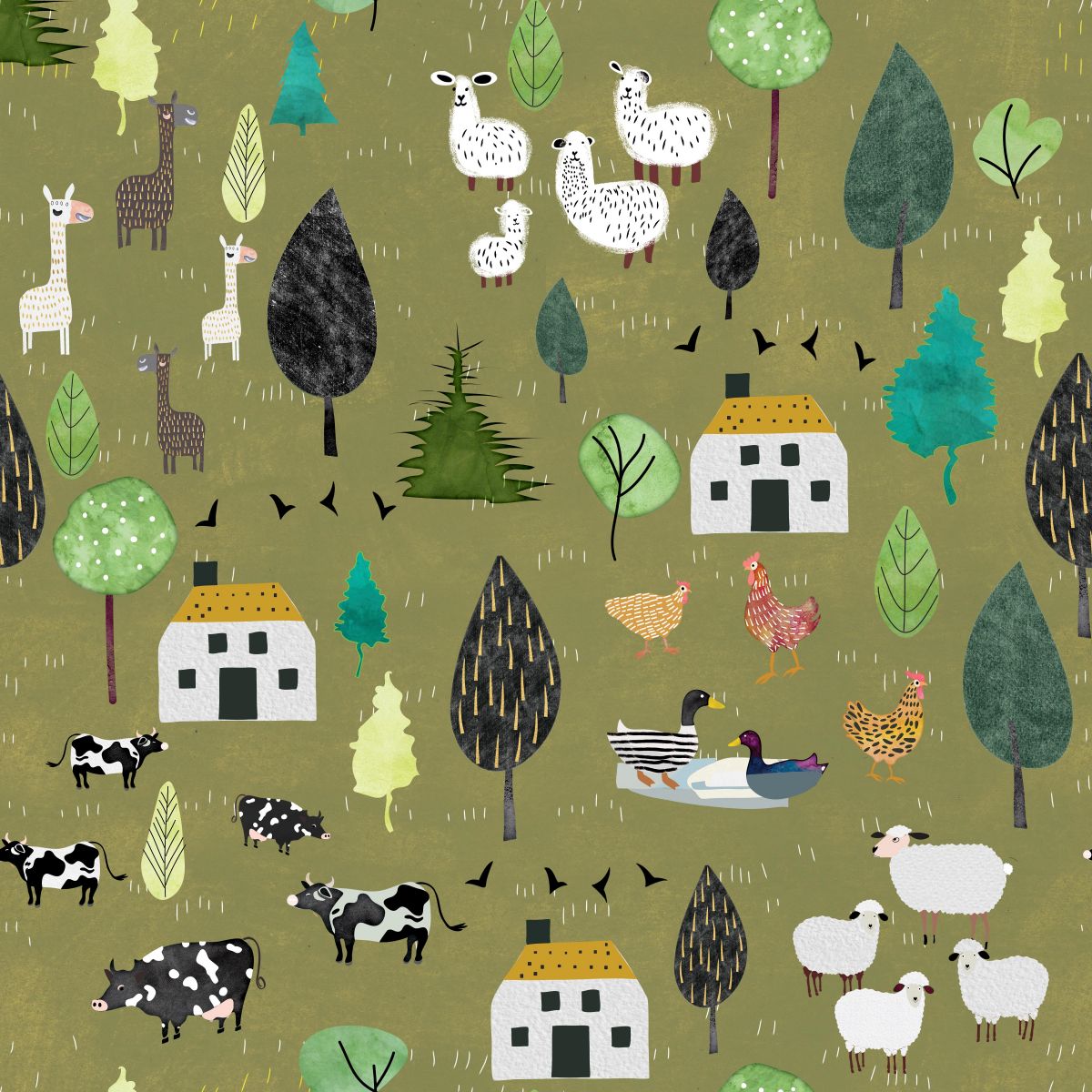 Highland Walk Quilt Fabric - Farm Animals in Olive Green - 4590-66