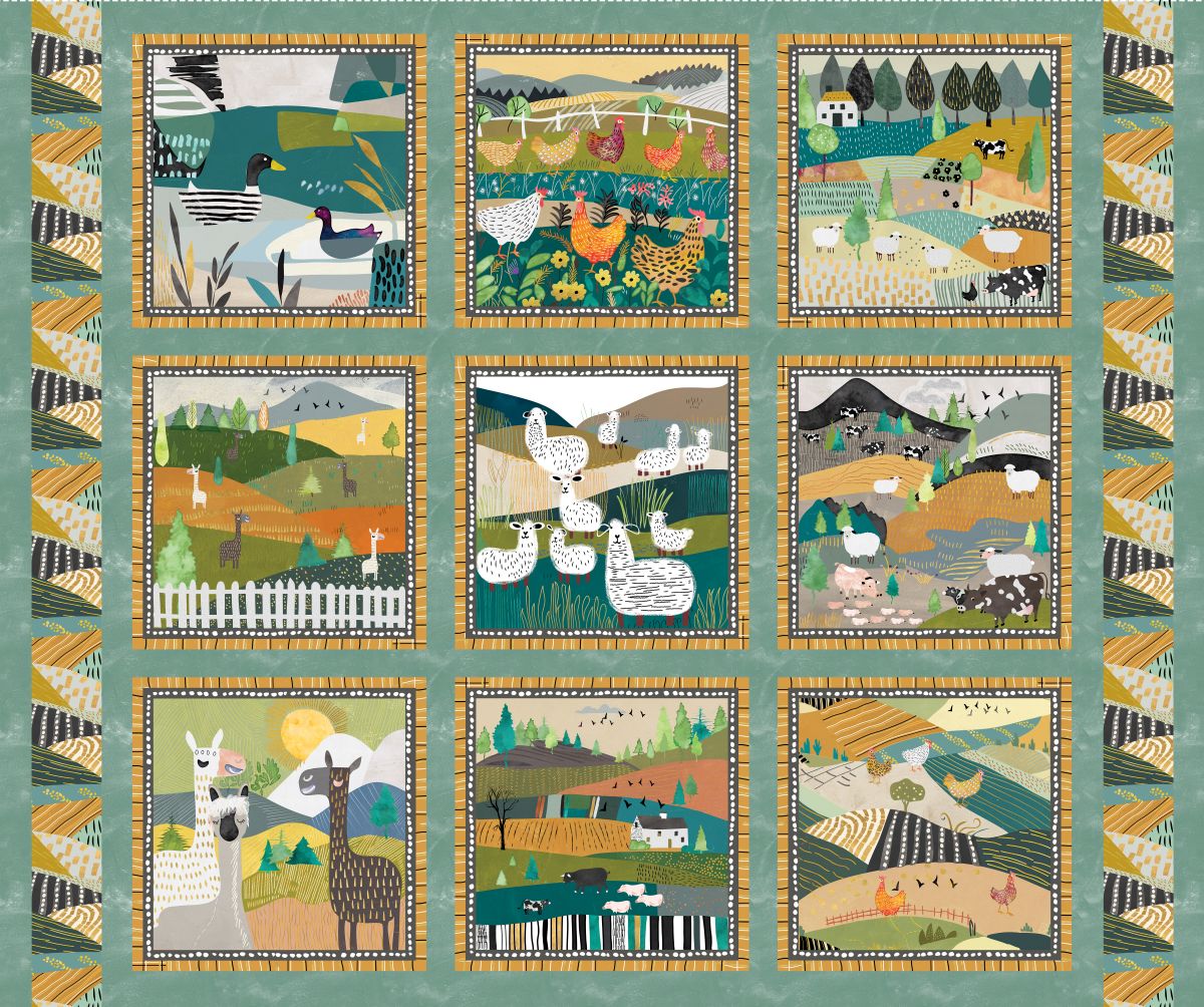Highland Walk Quilt Fabric - Farm Blocks Panel in Teal - 4602-67 - SOLD AS A 35" PANEL