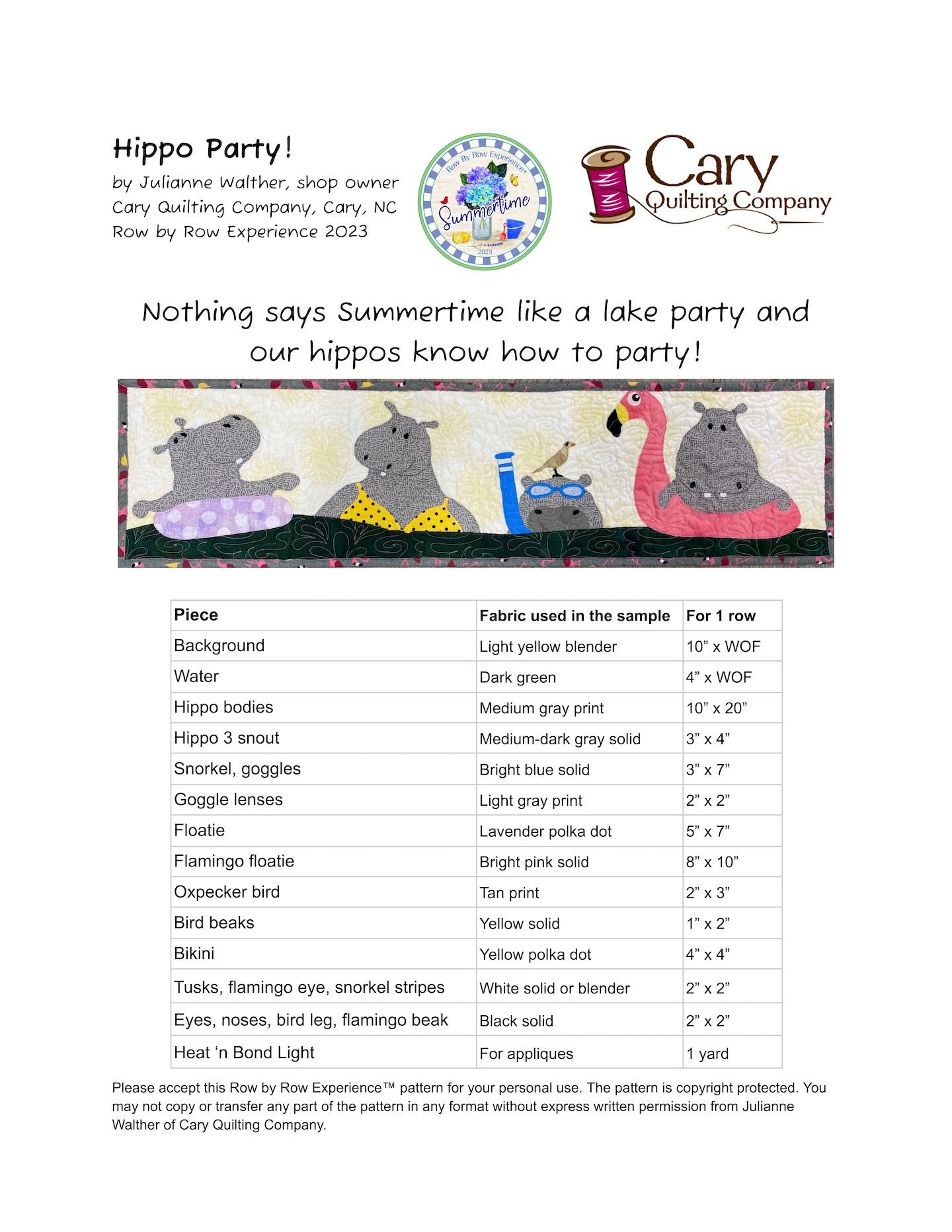 Row by Row Experience 2023 Paper Pattern - Hippo Party!