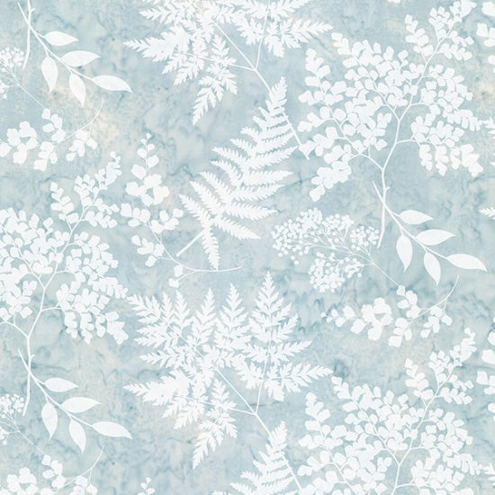 Hoffman Bali Batik Quilt Fabric - Breeze Mixed Fern in Frost Light Blue/White - V2529-113