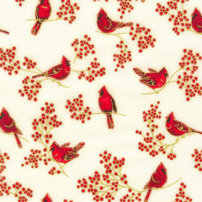 Holiday Charms Quilt Fabric - Cardinals in Ivory - SRKM-20967-15 IVORY