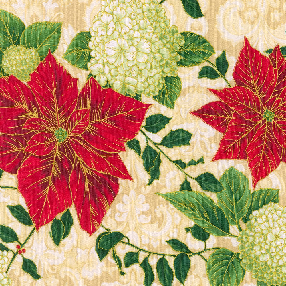 Holiday Flourish Snow Flower Quilt Fabric - Poinsettia and Hydrangea in Cream - SRKM-21595-84 CREAM
