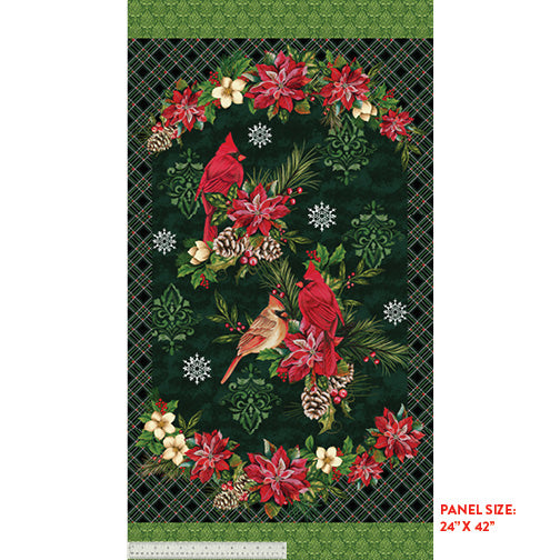 Holiday Greetings Quilt Fabric - Winter Wishes Cardinal Panel in Pine Green - 53602P-1 - SOLD AS A 24" PANEL