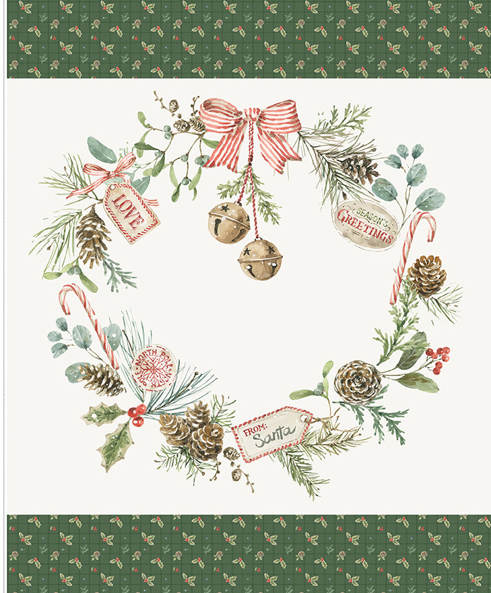 Holiday Spirit Quilt Fabric - Season's Greetings Wreath Panel - PD17466-PANEL - SOLD AS A 35" PANEL