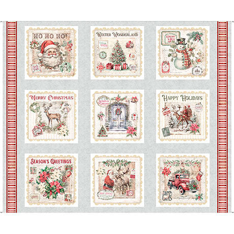 Holly Jolly Quilt Fabric - Christmas Ephemera Blocks in Gray - 2600 31159 K - SOLD AS A 36" PANEL