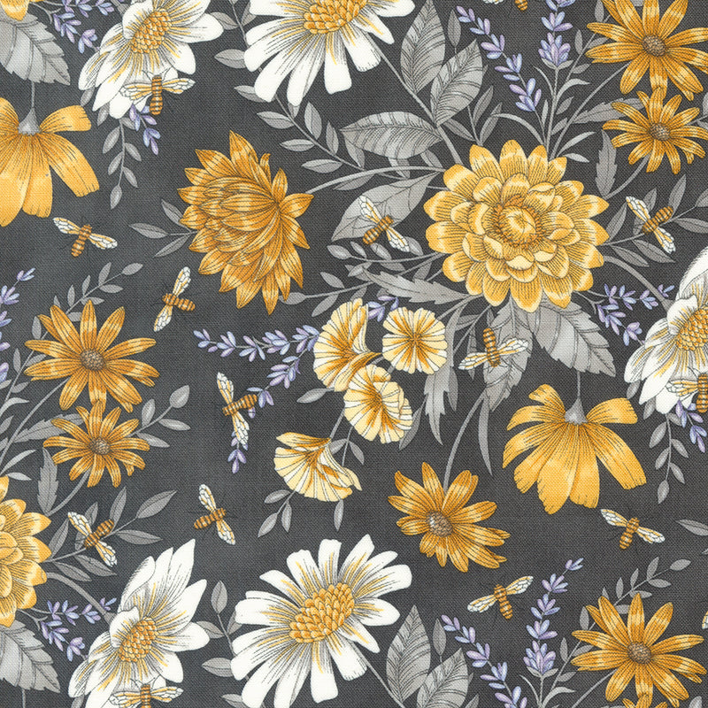 Honey Lavender Quilt Fabric - Floral Allover in Charcoal Gray - 56083 17